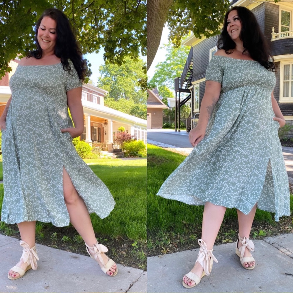 Green ditsy floral off the shoulder dress in size 1X